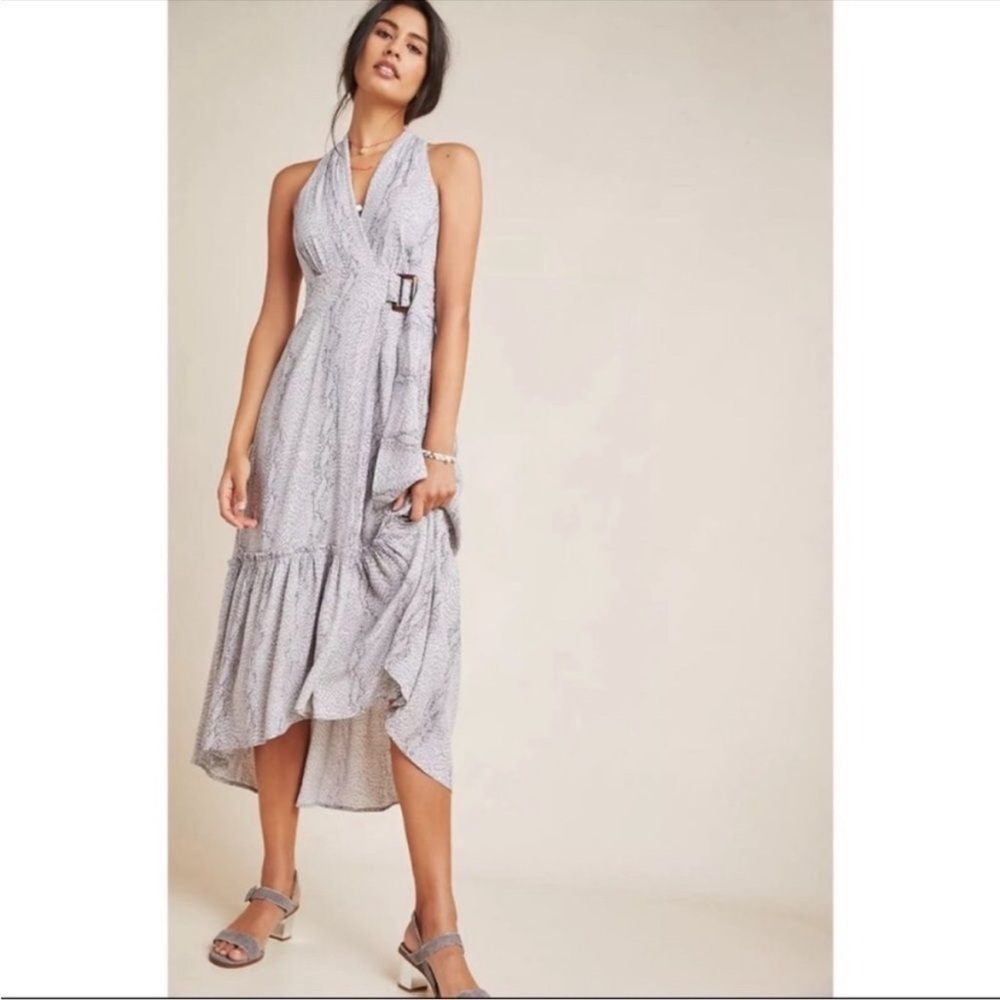 Anthropologie Marta Snakeskin Midi Dress Gray Tie Waist Belted Boho Size 6